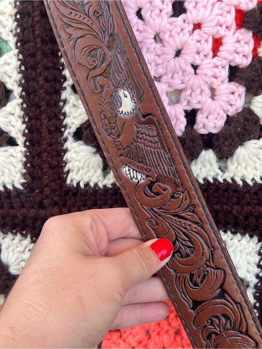 Vintage Eagle Embossed Leather Belt Strap Size 36 Brown Western USA No Buckle